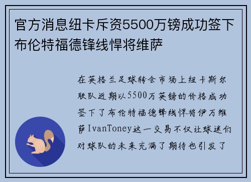 官方消息纽卡斥资5500万镑成功签下布伦特福德锋线悍将维萨